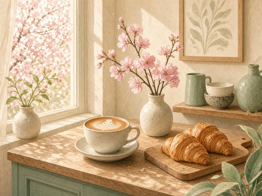 Generated illustration of a café counter with a latte, croissants and cherry blossoms